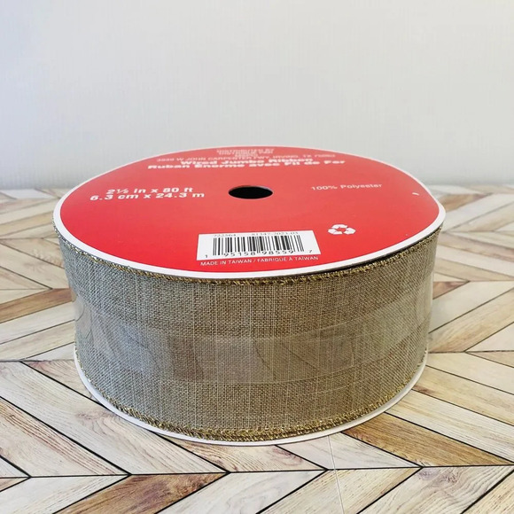 Christmas Ribbon 2.5 X 26.6yd. 80 ft. Faux Linen Wired Ribbon Celebrate It Gold - Picture 1 of 4